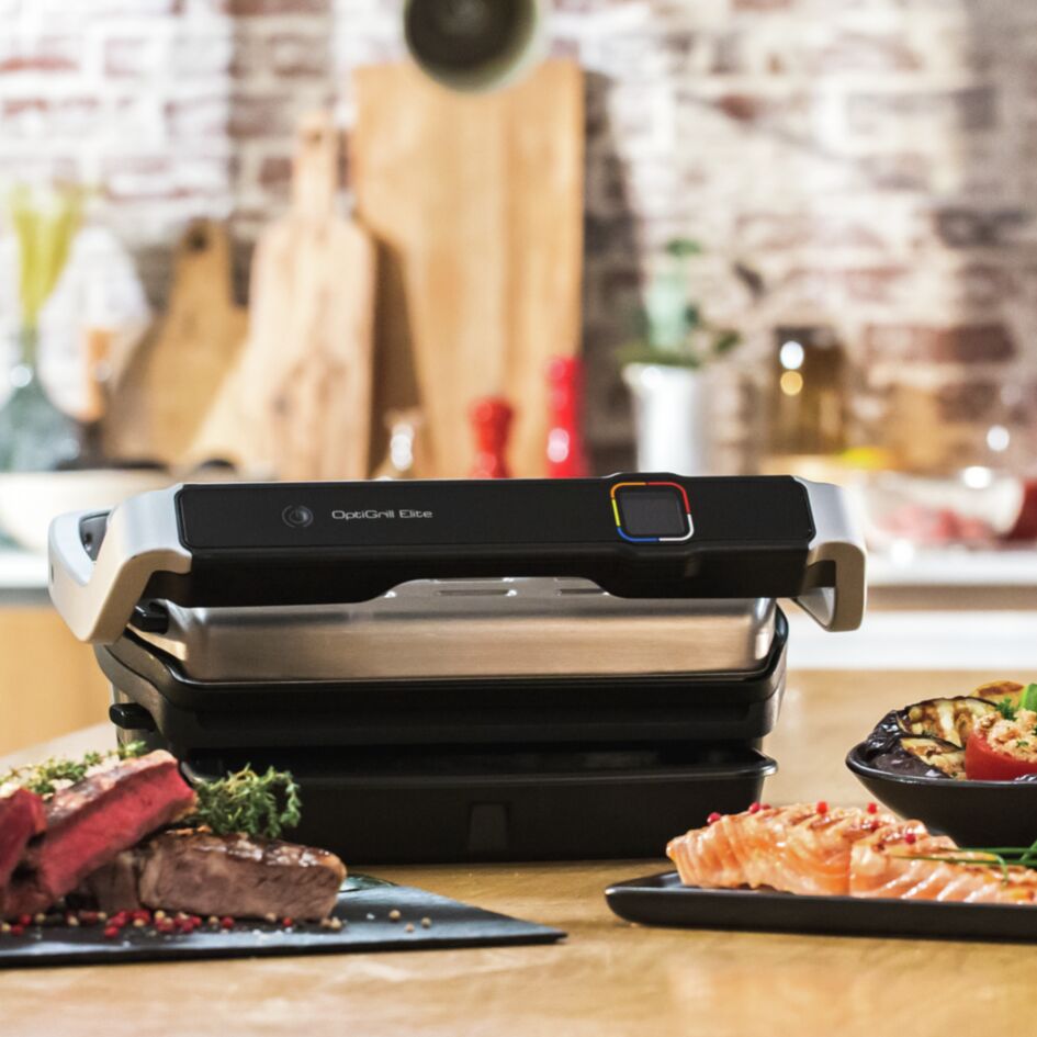 Умный электрогриль Tefal Optigrill Elite GC750D30 с насадкой для вафель,  цена 35999.00 руб. в интернет-магазине Tefal. Характеристики, фотографии,  описание - Москва